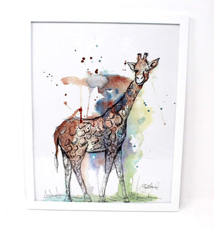 Mixed Media Giraffe Art Print -11x14in Safari Animal Home