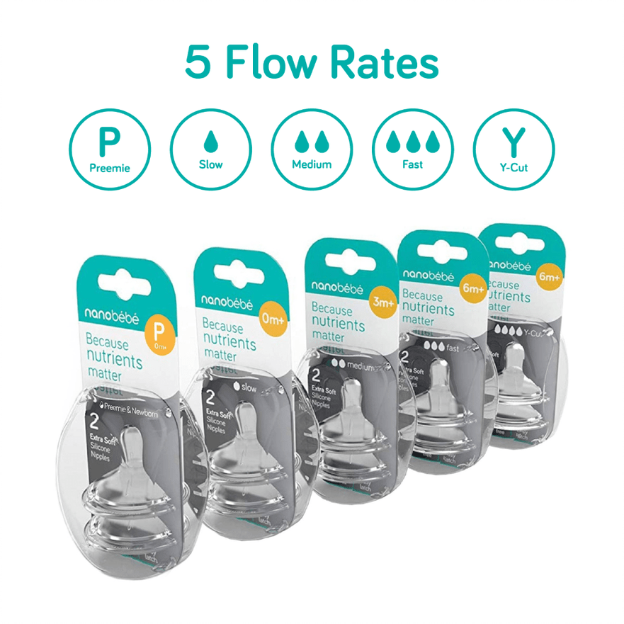 Nanobebe Silicone Baby Bottle Nipples 5 Flow Rates 2-Pack -